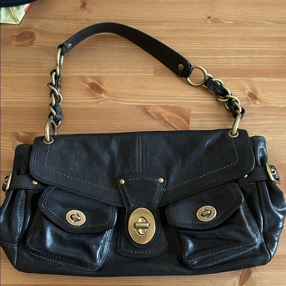 Black Leather Shoulder Bag with Gold Hardware